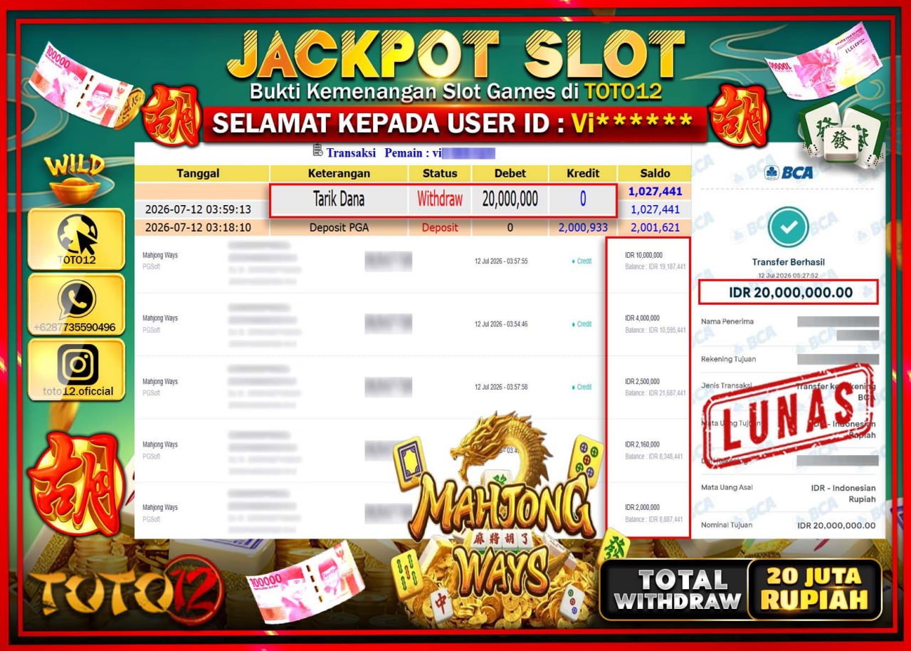 HANYA DI TOTO12 JP PASTI DI BAYAR LUNAS DAN CEPAT!!!!!! JACKPOT SLOT GAME (MAHJONG WAYS) Rp20.000.000!!!!
