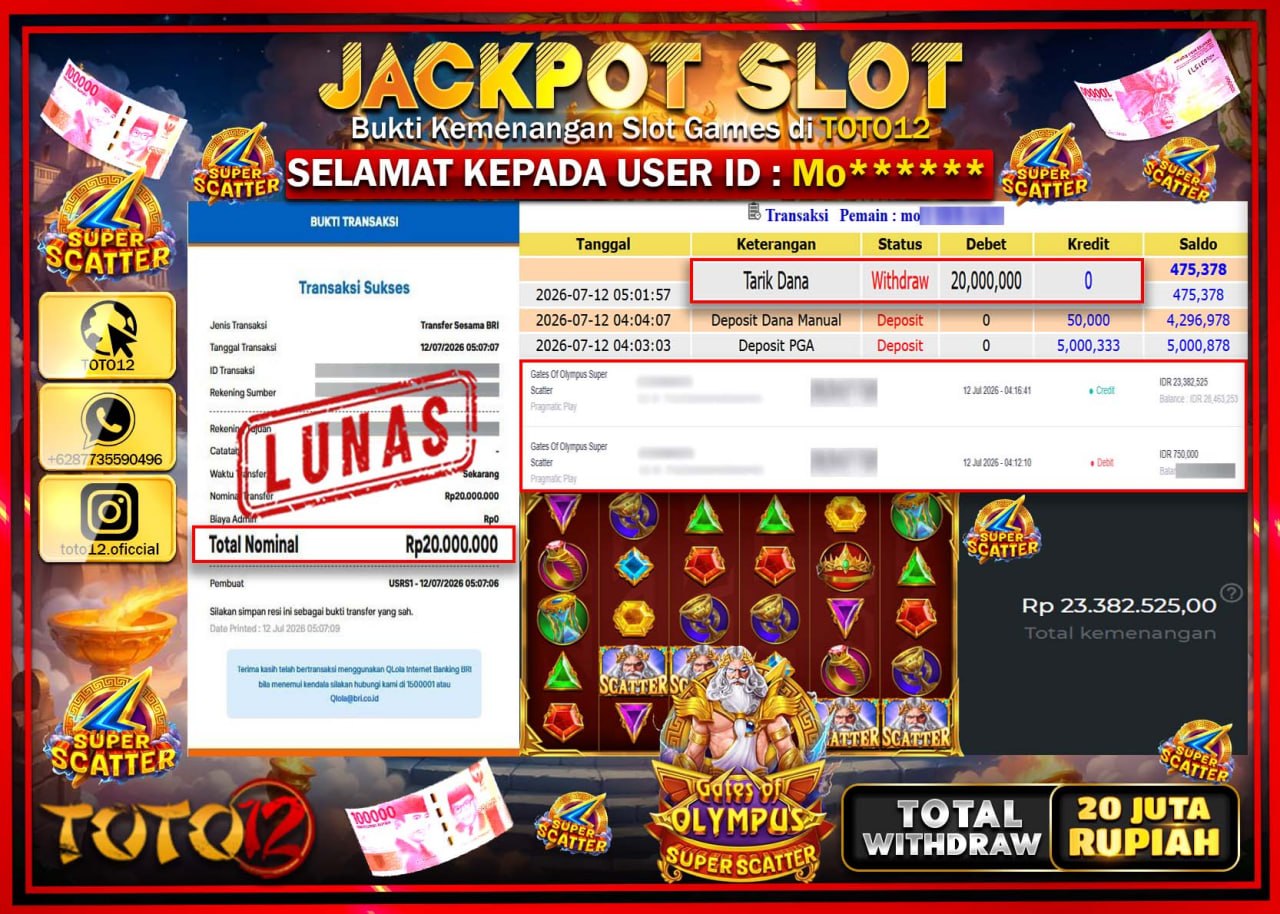 HANYA DI TOTO12 JP PASTI DI BAYAR LUNAS DAN CEPAT!!!!!! JACKPOT SLOT GAME (GATES OF OLYMPUS SUPER SCATTER) Rp20.000.000!!!!