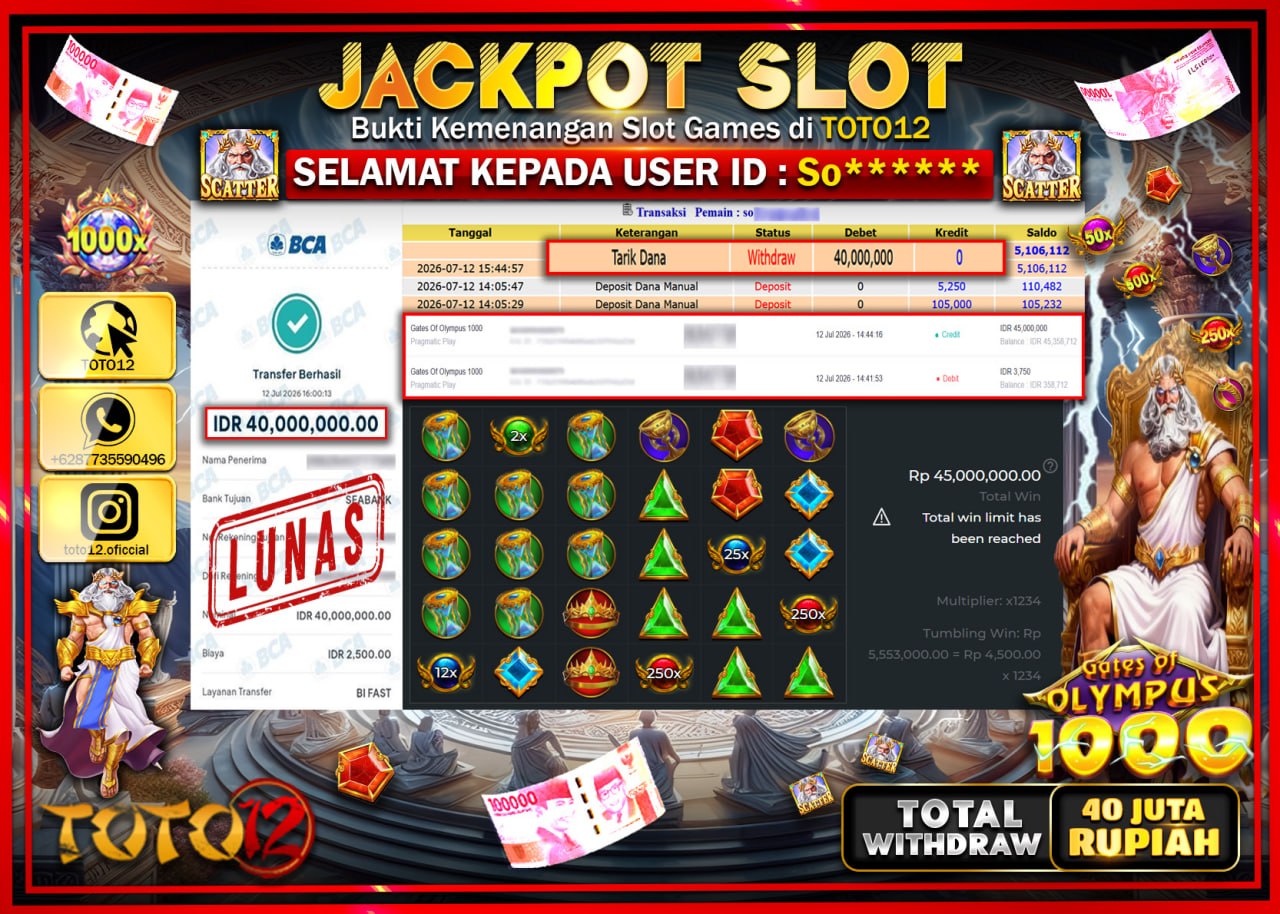 HANYA DI TOTO12 JP PASTI DI BAYAR LUNAS DAN CEPAT!!!!!! JACKPOT SLOT GAME (GATES OF OLYMPUS 1000) Rp40.000.000!!!!