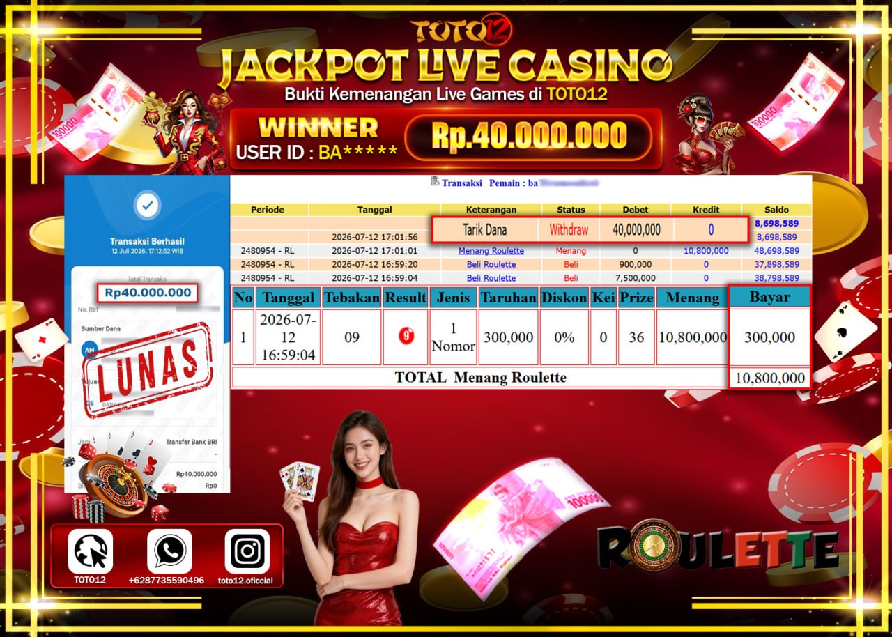 HANYA DI TOTO12 JP PASTI DI BAYAR LUNAS DAN CEPAT!!!!!! JACKPOT  LIVE GAME CASINO (ROULETTE) Rp40.000.000!!!!