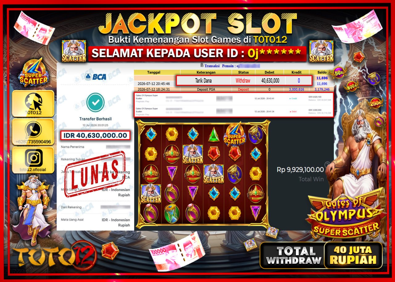 HANYA DI TOTO12 JP PASTI DI BAYAR LUNAS DAN CEPAT!!!!!! JACKPOT SLOT GAME (GATES OF OLYMPUS SUPER SCATTER) Rp40.630.000!!!!