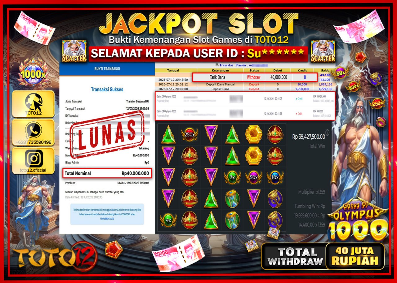 HANYA DI TOTO12 JP PASTI DI BAYAR LUNAS DAN CEPAT!!!!!! JACKPOT SLOT GAME (GATES OF OLYMPUS 1000) Rp40.000.000!!!!