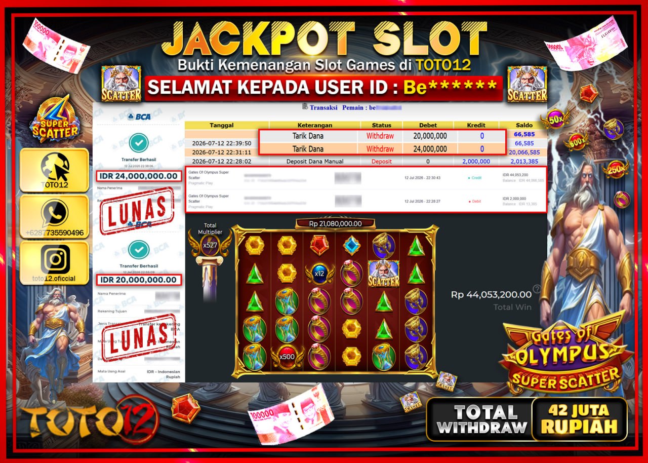 HANYA DI TOTO12 JP PASTI DI BAYAR LUNAS DAN CEPAT!!!!!! JACKPOT SLOT GAME (GATES OF OLYMPUS SUPER SCATTER) Rp42.000.000!!!!