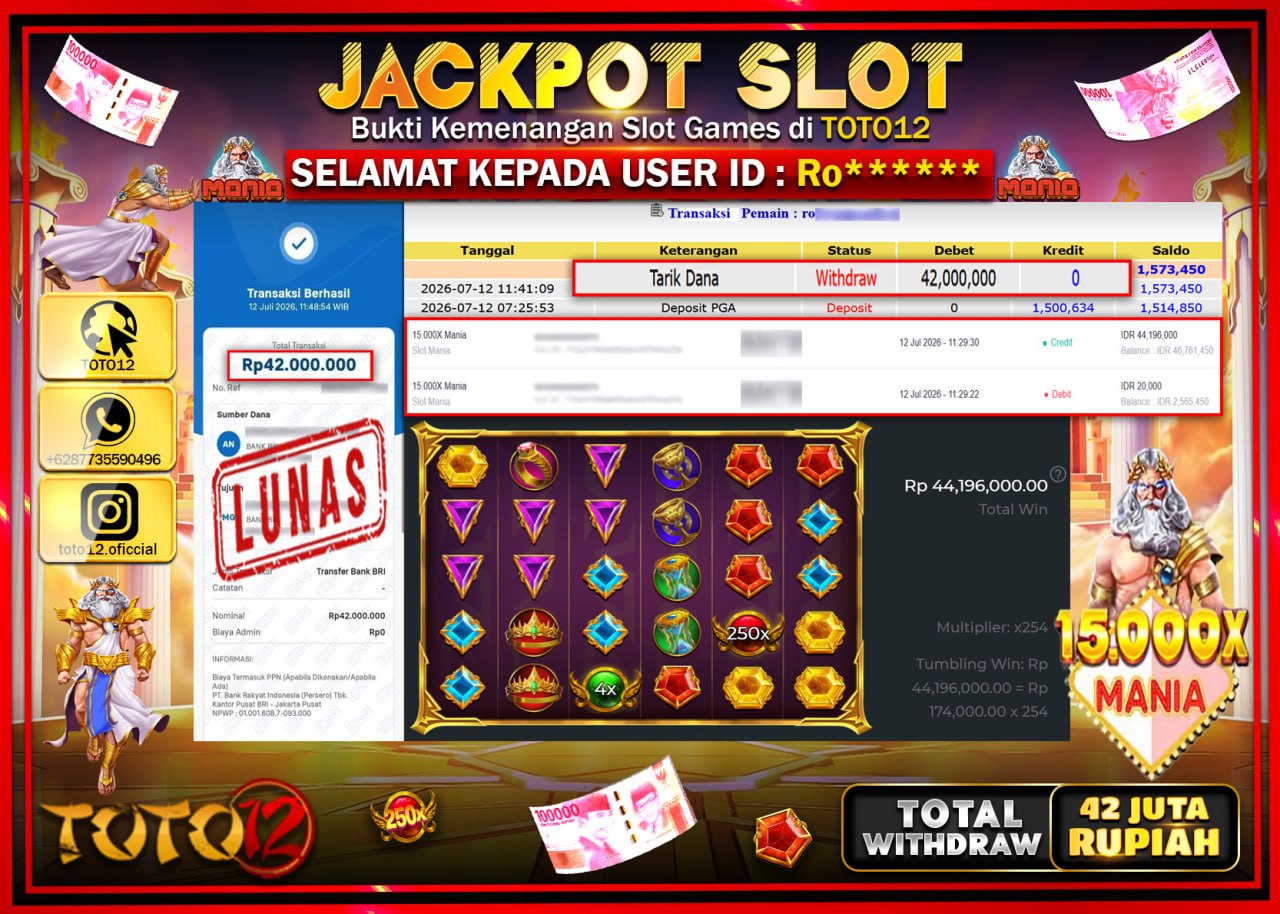 HANYA DI TOTO12 JP PASTI DI BAYAR LUNAS DAN CEPAT!!!!!! JACKPOT SLOT GAME (15.000 X MANIA) Rp42.000.000!!!!