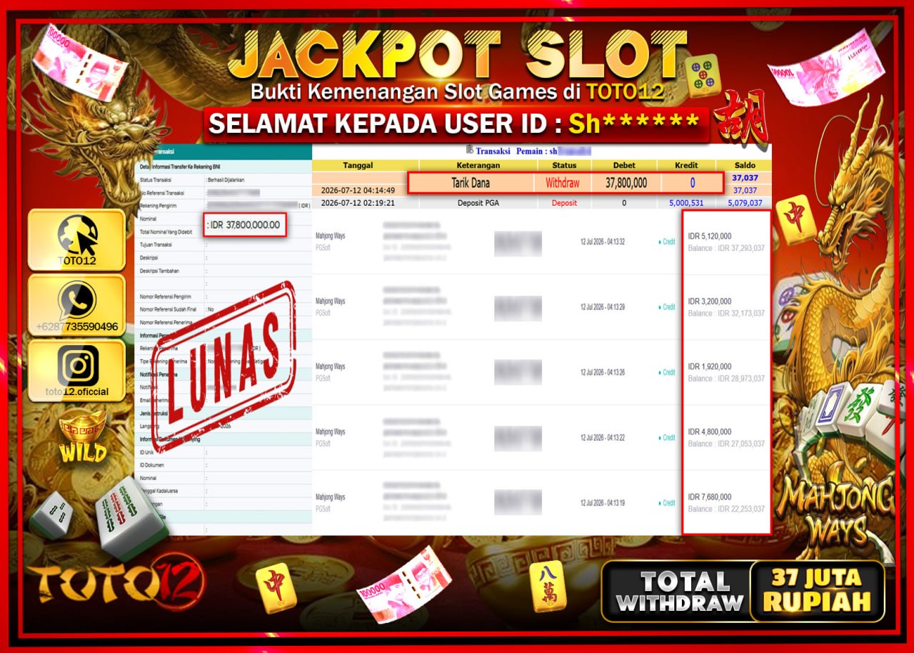 HANYA DI TOTO12 JP PASTI DI BAYAR LUNAS DAN CEPAT!!!!!! JACKPOT SLOT GAME (MAHJONG WAYS) Rp37.800.000!!!!