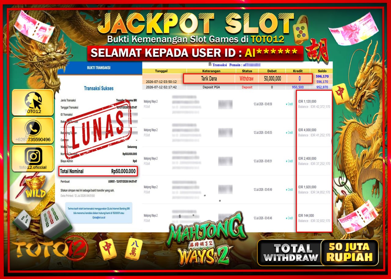 HANYA DI TOTO12 JP PASTI DI BAYAR LUNAS DAN CEPAT!!!!!! JACKPOT SLOT GAME (MAHJONG WAYS 2) Rp50.000.000!!!!