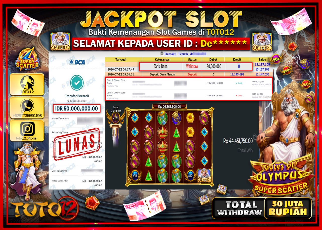 HANYA DI TOTO12 JP PASTI DI BAYAR LUNAS DAN CEPAT!!!!!! JACKPOT SLOT GAME (GATES OF OLYMPUS SUPER SCATTER) Rp50.000.000!!!!