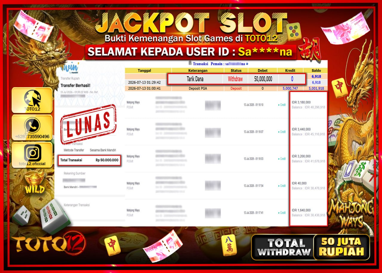 HANYA DI TOTO12 JP PASTI DI BAYAR LUNAS DAN CEPAT!!!!!! JACKPOT SLOT GAME (MAHJONG WAYS) Rp50.000.000!!!!