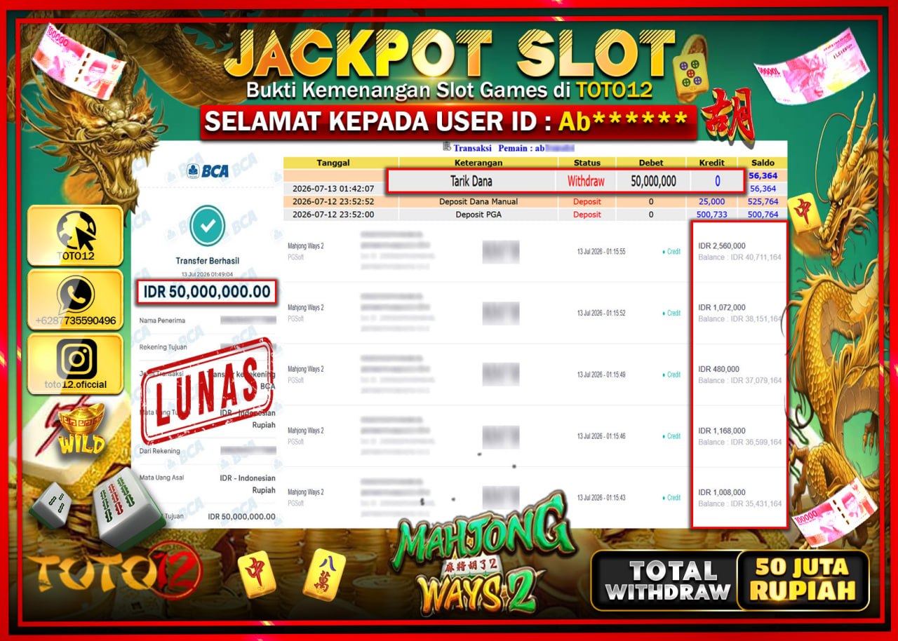 HANYA DI TOTO12 JP PASTI DI BAYAR LUNAS DAN CEPAT!!!!!! JACKPOT SLOT GAME (MAHJONG WAYS 2) Rp50.000.000!!!!