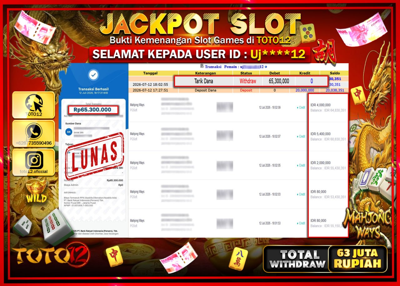 HANYA DI TOTO12 JP PASTI DI BAYAR LUNAS DAN CEPAT!!!!!! JACKPOT SLOT GAME (MAHJONG WAYS) Rp65.300.000!!!!