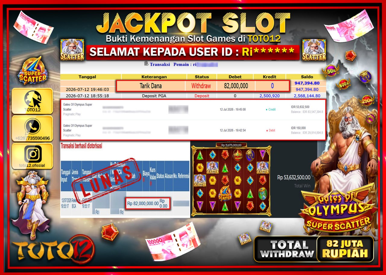HANYA DI TOTO12 JP PASTI DI BAYAR LUNAS DAN CEPAT!!!!!! JACKPOT SLOT GAME (GATES OF OLYMPUS SUPER SCATTER) Rp82.000.000!!!!