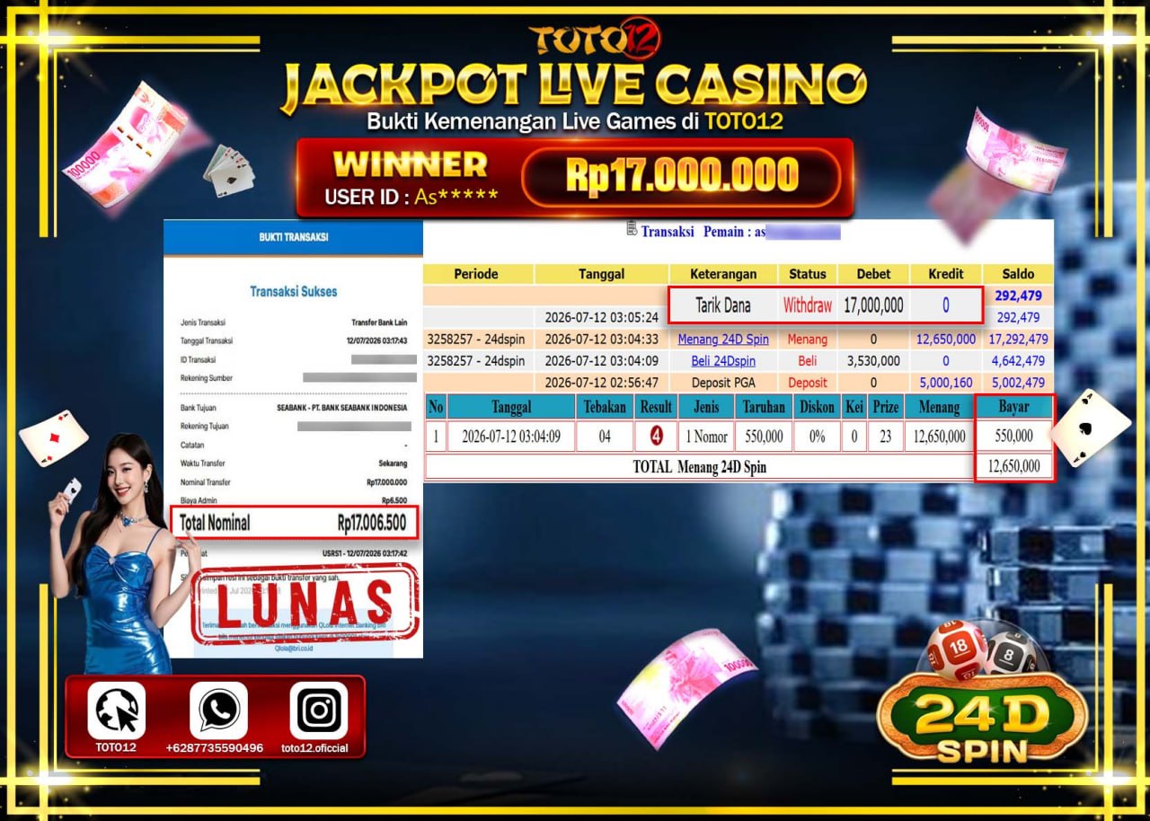 HANYA DI TOTO12 JP PASTI DI BAYAR LUNAS DAN CEPAT!!!!!! JACKPOT  LIVE GAME CASINO (24D) Rp17.000.000!!!!