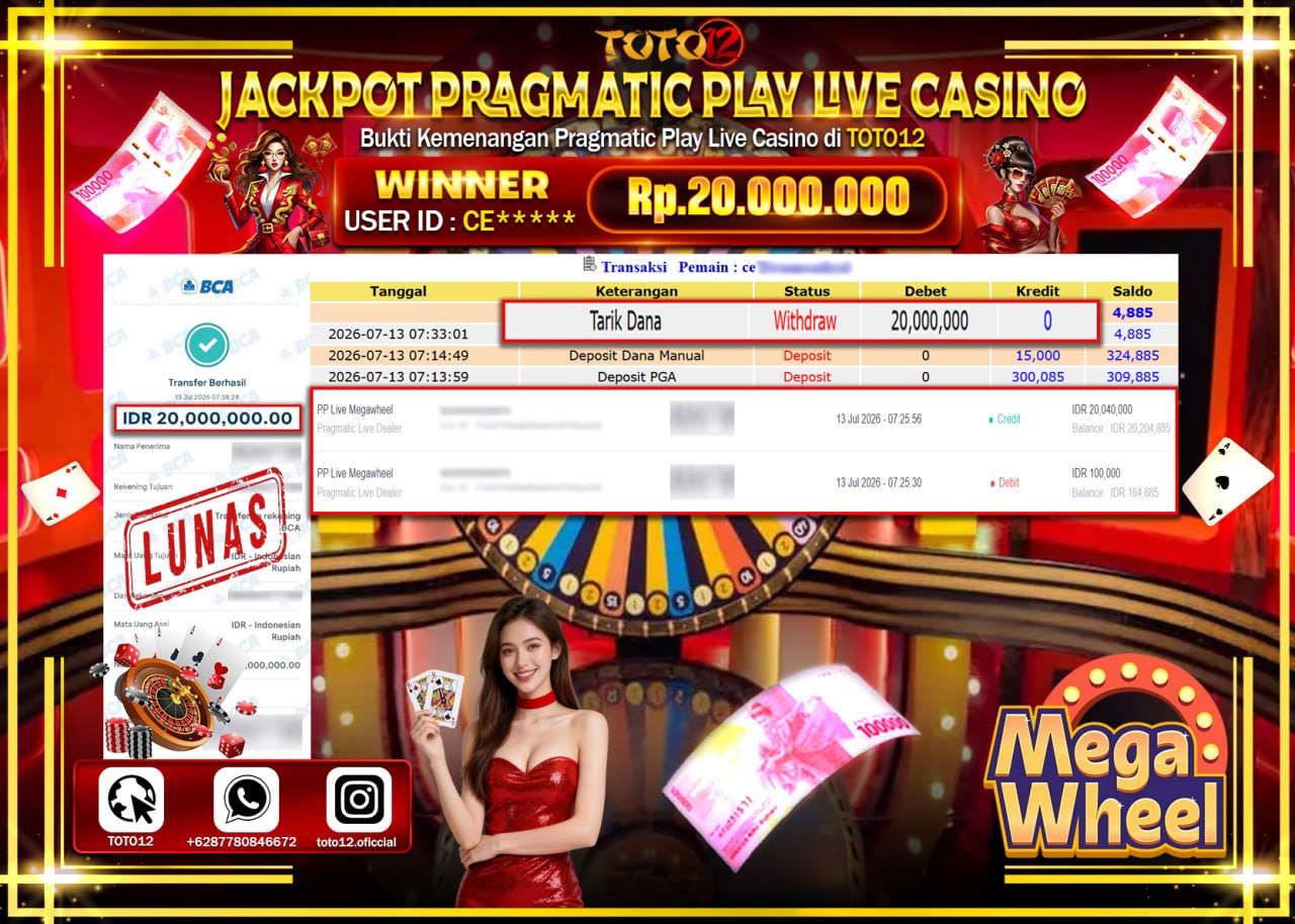 HANYA DI TOTO12 JP PASTI DI BAYAR LUNAS DAN CEPAT!!!!!! JACKPOT PRAGMATIC PLAY LIVE GAME CASINO (PP LIVE MEGAWHEEL) Rp20.000.000!!!!