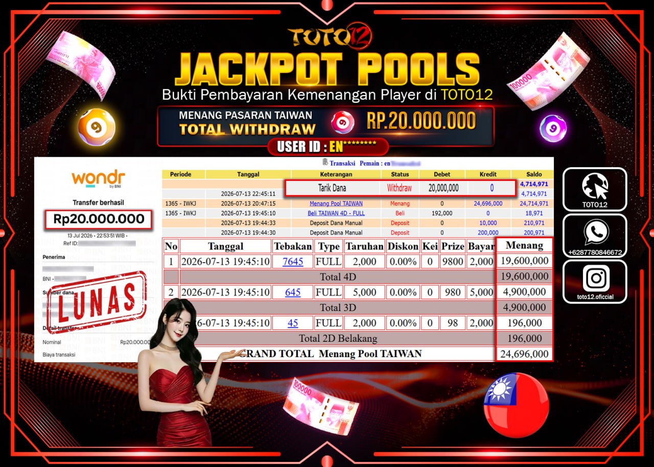 HANYA DI TOTO12 JP PASTI DI BAYAR LUNAS DAN CEPAT!!!!!! JACKPOT POOLS PASARAN (TAIWAN) Rp20.000.000!!!!