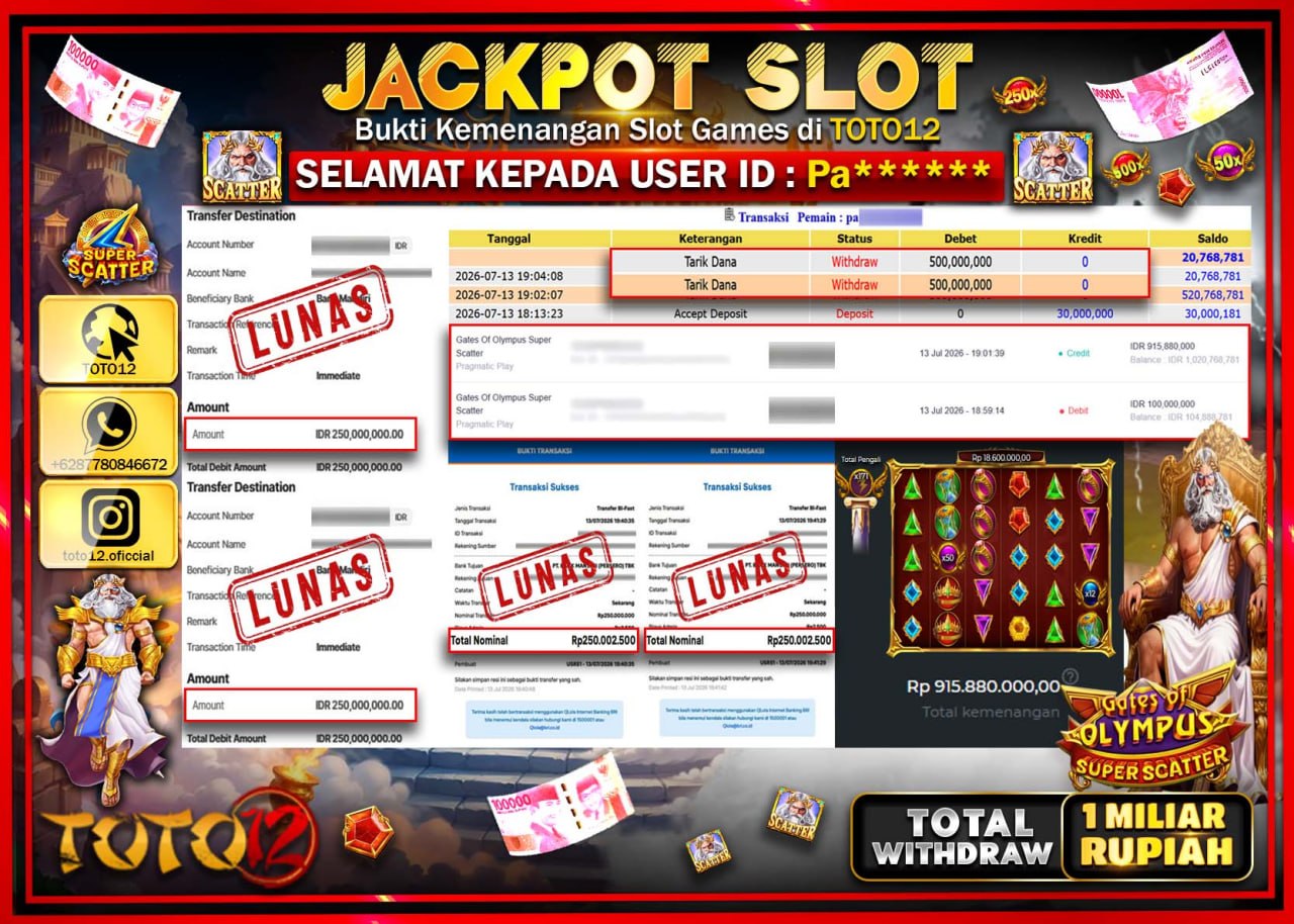 HANYA DI TOTO12 JP PASTI DI BAYAR LUNAS DAN CEPAT!!!!!! JACKPOT SLOT GAME (GATES OF OLYMPUS SUPER SCATTER) Rp1.000.000.000!!!!