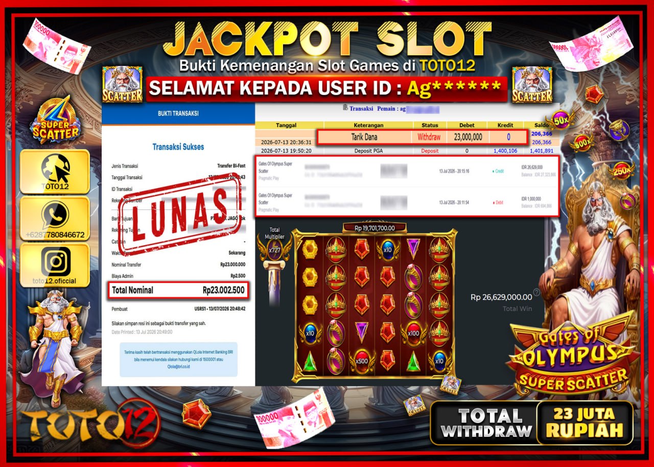 HANYA DI TOTO12 JP PASTI DI BAYAR LUNAS DAN CEPAT!!!!!! JACKPOT SLOT GAME (GATES OF OLYMPUS SUPER SCATTER) Rp23.000.000!!!!