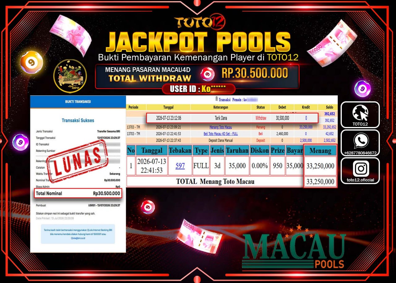 HANYA DI TOTO12 JP PASTI DI BAYAR LUNAS DAN CEPAT!!!!!! JACKPOT POOLS PASARAN (MACAU 4D) Rp30.500.000!!!!