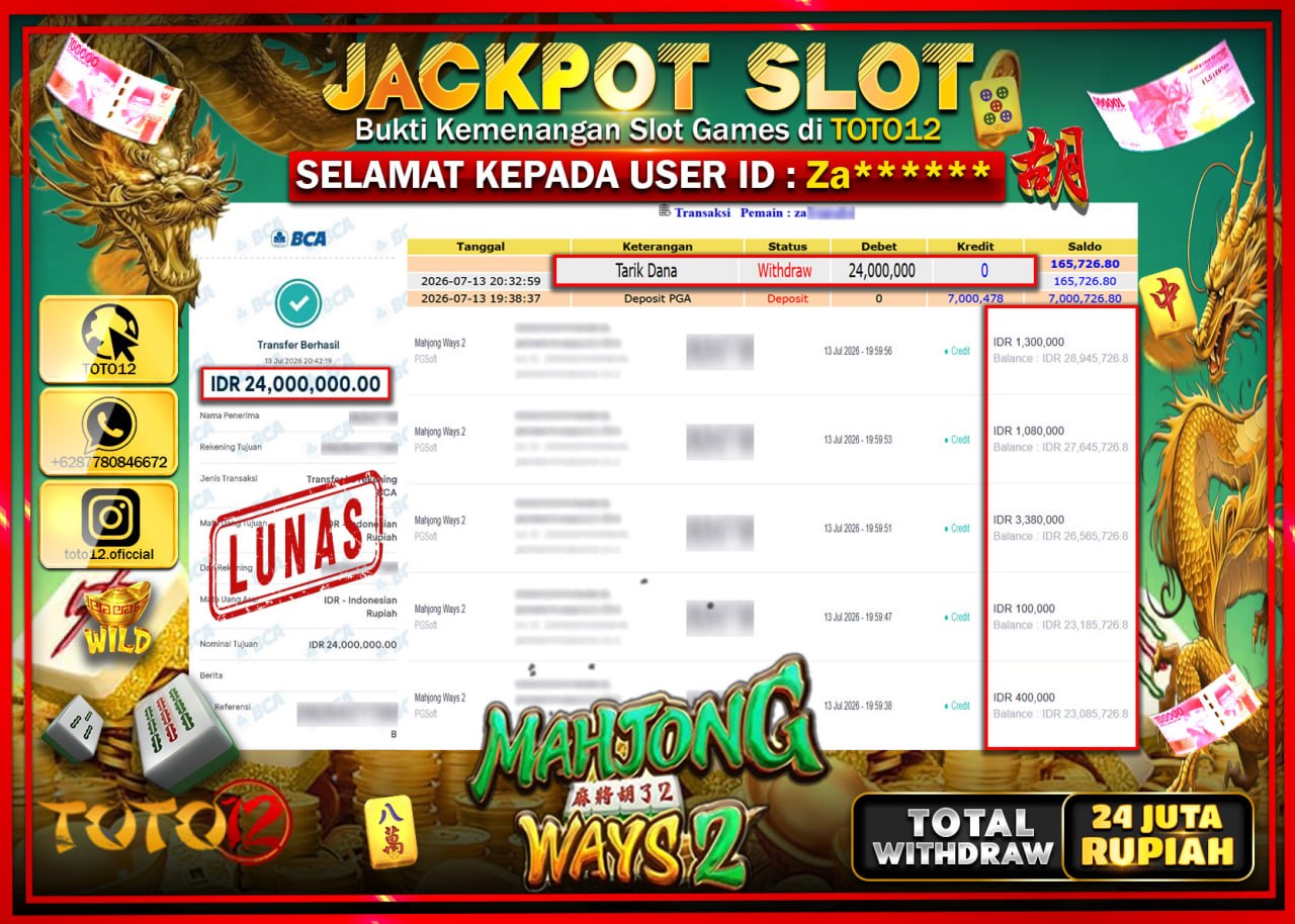 HANYA DI TOTO12 JP PASTI DI BAYAR LUNAS DAN CEPAT!!!!!! JACKPOT SLOT GAME (MAHJONG WAYS 2) Rp24.000.000!!!!