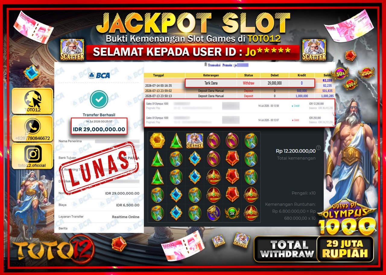 HANYA DI TOTO12 JP PASTI DI BAYAR LUNAS DAN CEPAT!!!!!! JACKPOT SLOT GAME (GATES OF OLYMPUS 1000) Rp29.000.000!!!!
