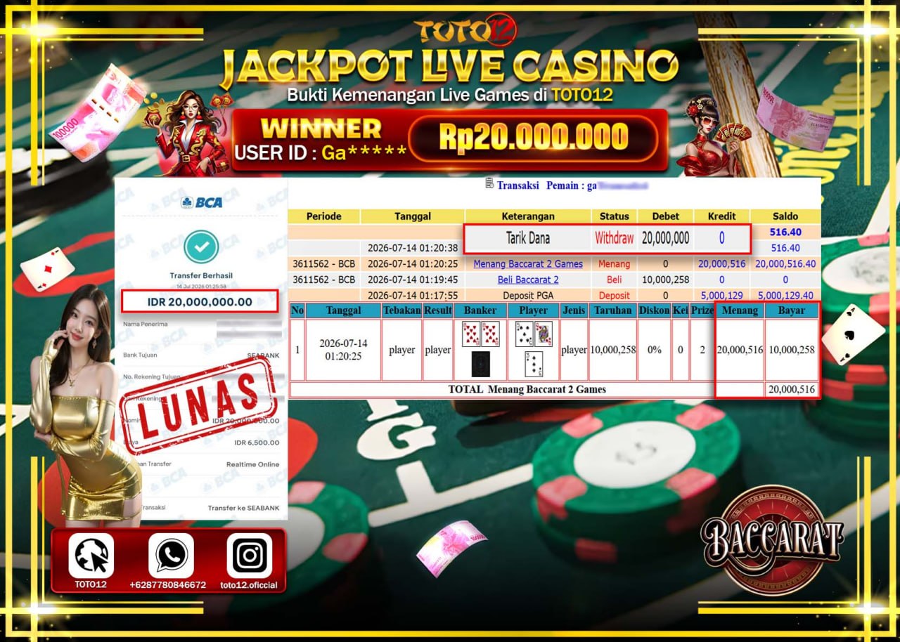 HANYA DI TOTO12 JP PASTI DI BAYAR LUNAS DAN CEPAT!!!!!! JACKPOT  LIVE GAME CASINO (BACCARAT 2) Rp20.000.000!!!!