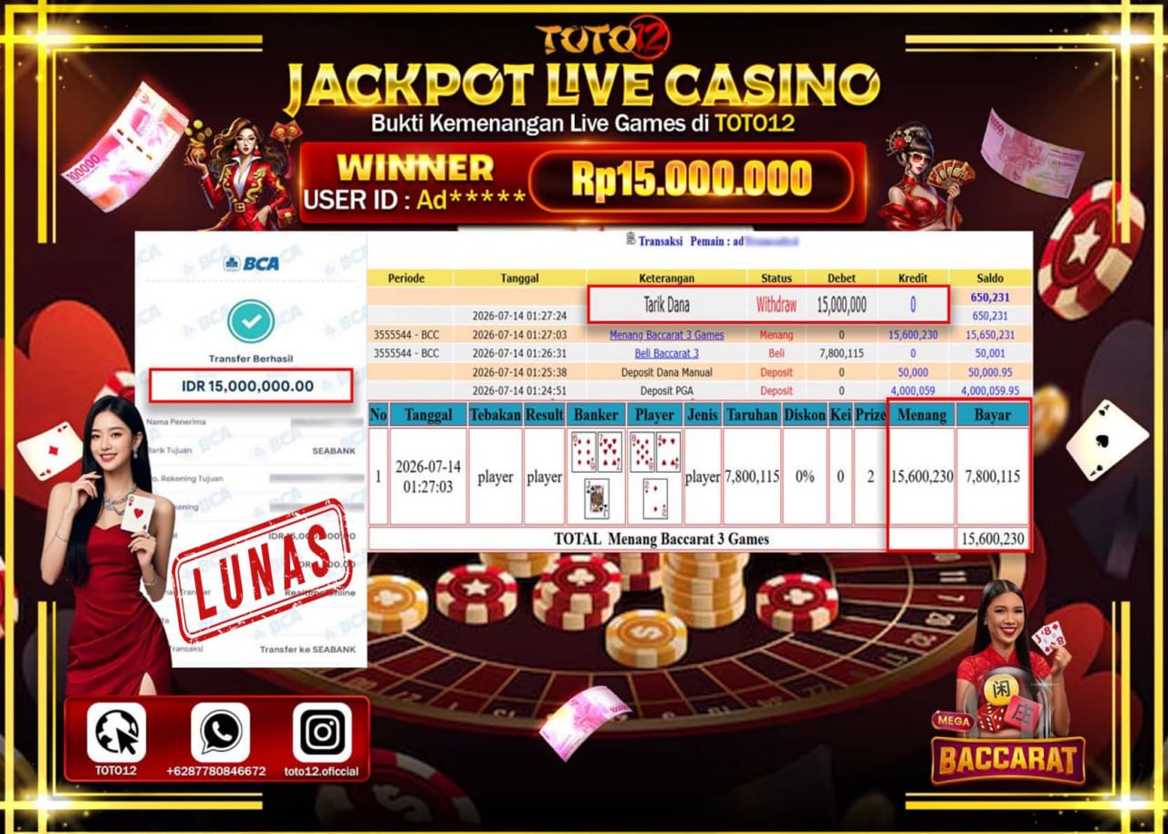 HANYA DI TOTO12 JP PASTI DI BAYAR LUNAS DAN CEPAT!!!!!! JACKPOT  LIVE GAME CASINO (BACCARAT 3) Rp15.000.000!!!!