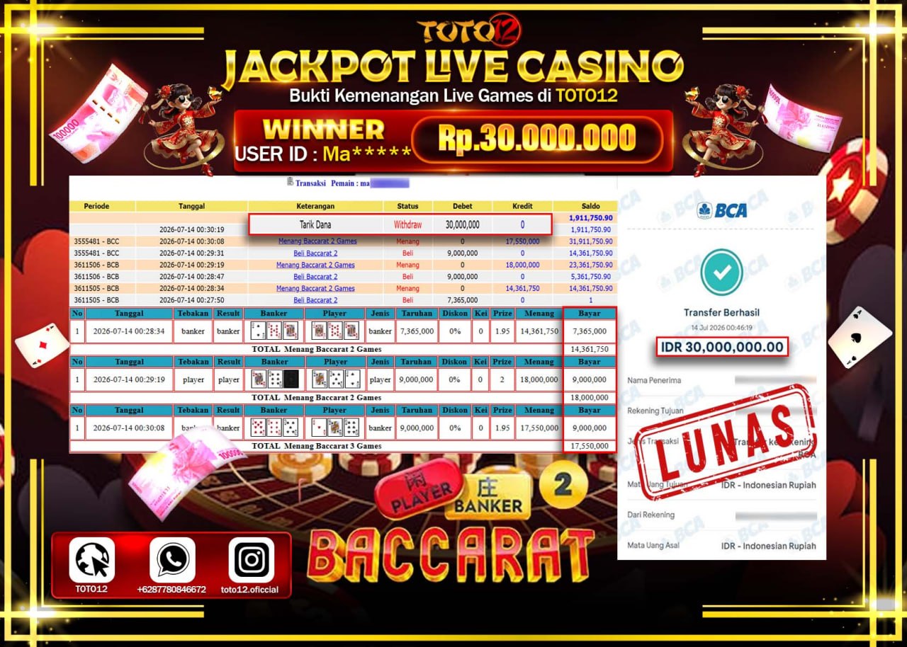 HANYA DI TOTO12 JP PASTI DI BAYAR LUNAS DAN CEPAT!!!!!! JACKPOT POOLS PASARAN (BACCARAT 2) Rp30.000.000!!!!