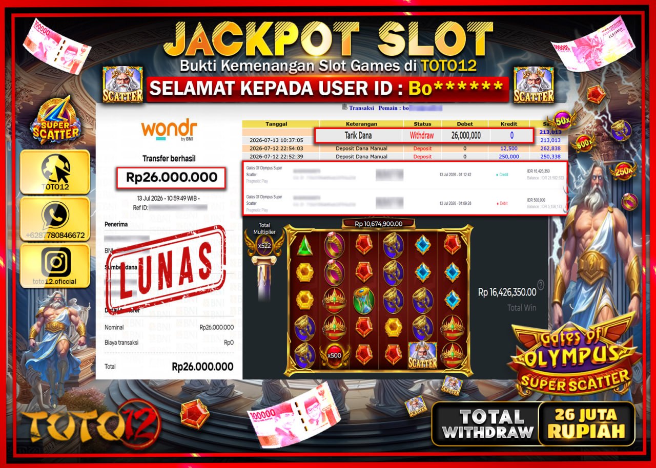 HANYA DI TOTO12 JP PASTI DI BAYAR LUNAS DAN CEPAT!!!!!! JACKPOT SLOT GAME (GATES OF OLYMPUS SUPER SCATTER) Rp26.000.000!!!!