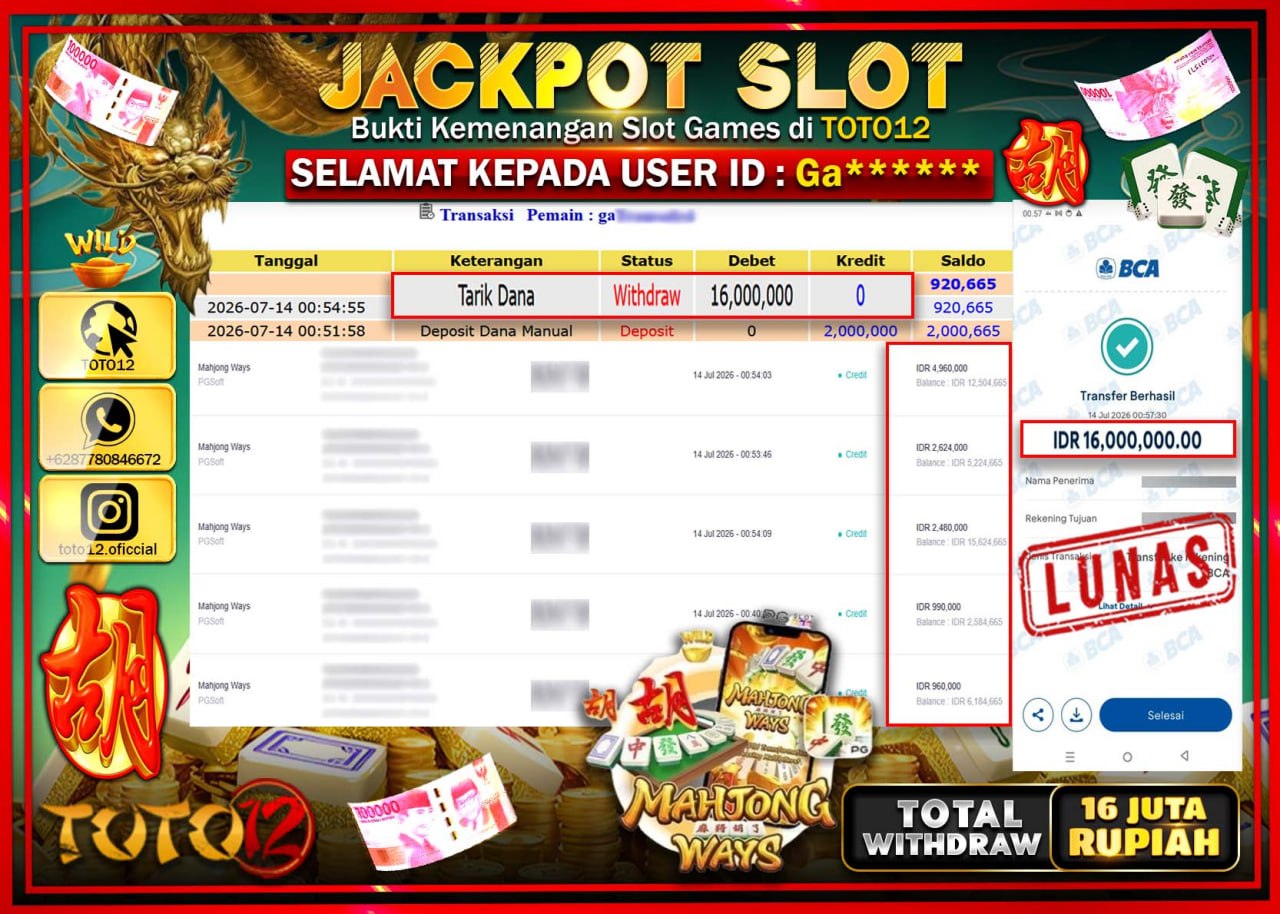 HANYA DI TOTO12 JP PASTI DI BAYAR LUNAS DAN CEPAT!!!!!! JACKPOT SLOT GAME (MAHJONG WAYS) Rp16.000.000!!!!