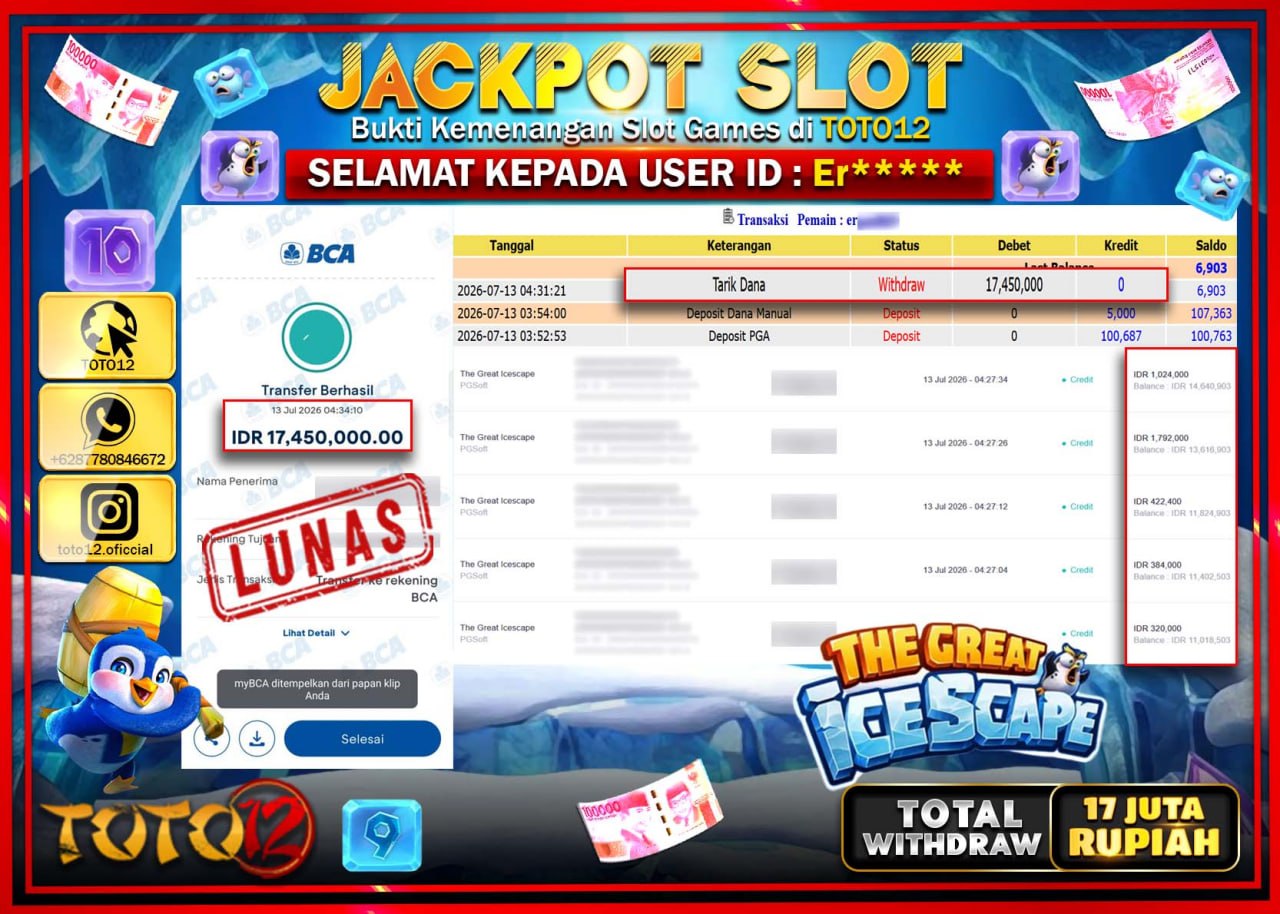 HANYA DI TOTO12 JP PASTI DI BAYAR LUNAS DAN CEPAT!!!!!! JACKPOT SLOT GAME (THE GREAT ICESCAPE) Rp17.450.000!!!!