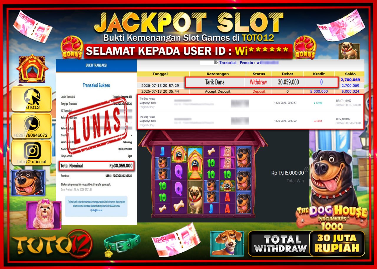 HANYA DI TOTO12 JP PASTI DI BAYAR LUNAS DAN CEPAT!!!!!! JACKPOT SLOT GAME (THE DOG HOUSE MEGAWAYS 1000) Rp30.059.000!!!!
