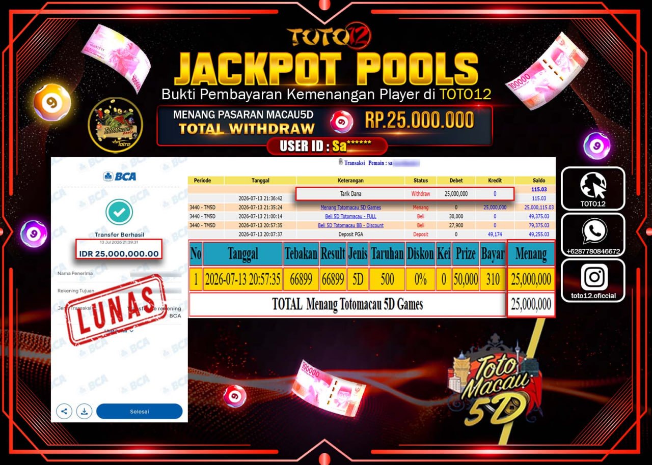 HANYA DI TOTO12 JP PASTI DI BAYAR LUNAS DAN CEPAT!!!!!! JACKPOT POOLS PASARAN (MACAU 5D) Rp25.000.000!!!!