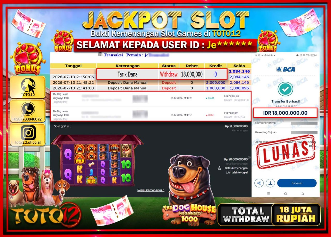 HANYA DI TOTO12 JP PASTI DI BAYAR LUNAS DAN CEPAT!!!!!! JACKPOT SLOT GAME (THE DOG HOUSE MEGAWAYS 1000) Rp18.000.000!!!!