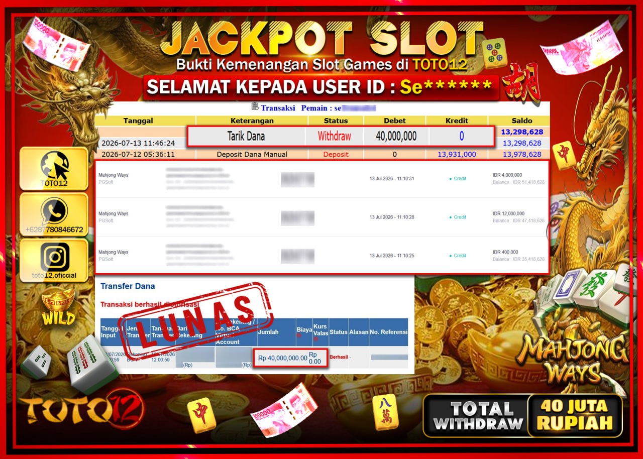 HANYA DI TOTO12 JP PASTI DI BAYAR LUNAS DAN CEPAT!!!!!! JACKPOT SLOT GAME (MAHJONG WAYS) Rp40.000.000!!!!