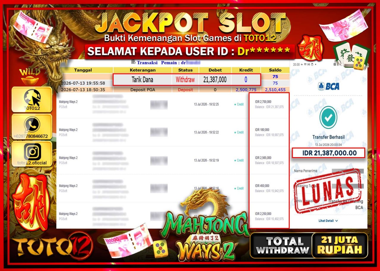HANYA DI TOTO12 JP PASTI DI BAYAR LUNAS DAN CEPAT!!!!!! JACKPOT SLOT GAME (MAHJONG WAYS 2) Rp21.387.000!!!!