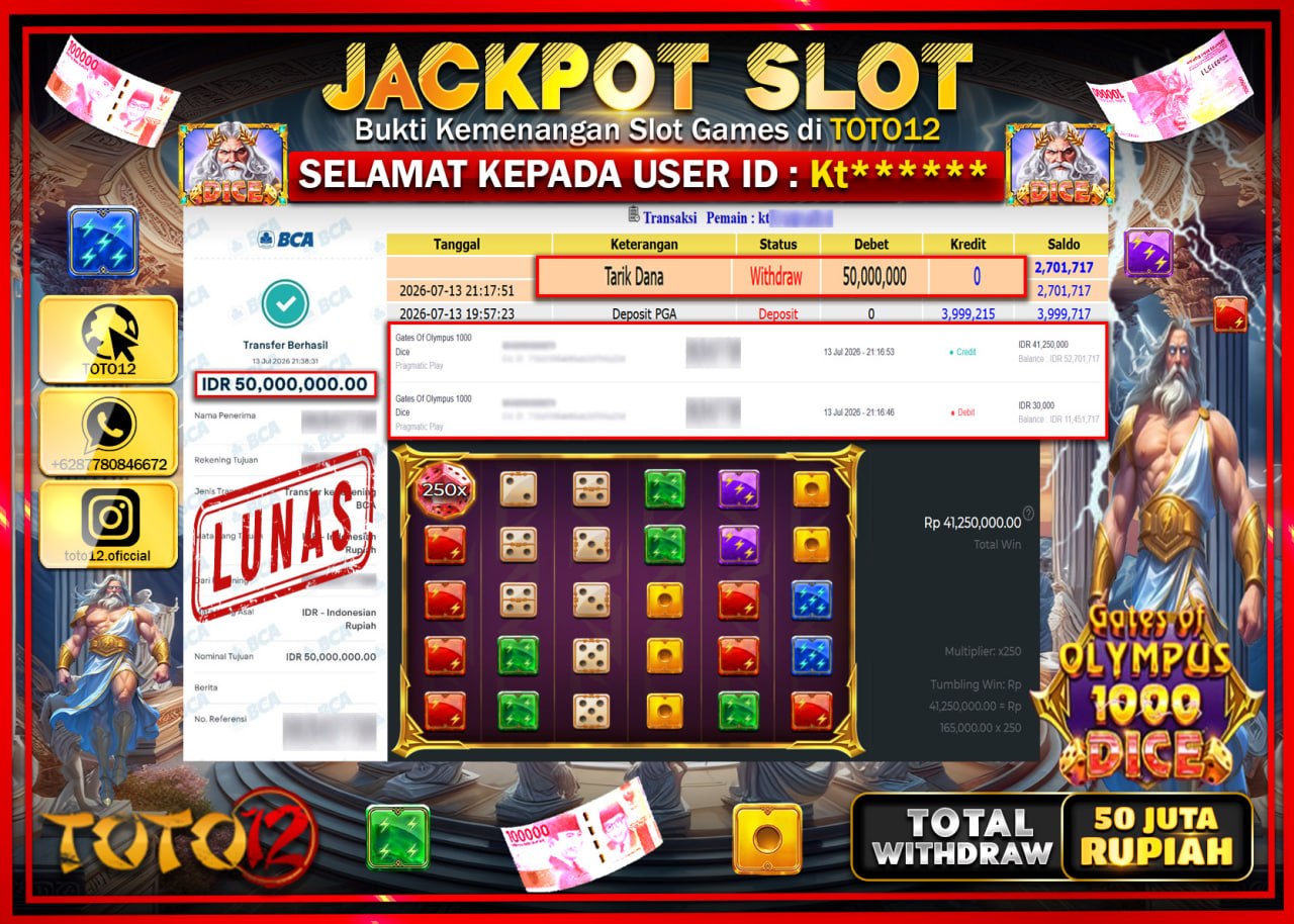 HANYA DI TOTO12 JP PASTI DI BAYAR LUNAS DAN CEPAT!!!!!! JACKPOT SLOT GAME (GAME OF OLYMPUS 1000 DICE) Rp50.000.000!!!!