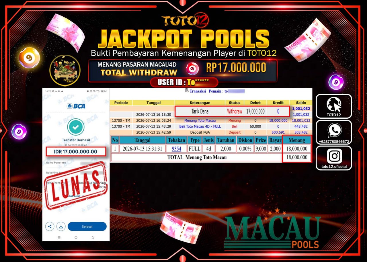 HANYA DI TOTO12 JP PASTI DI BAYAR LUNAS DAN CEPAT!!!!!! JACKPOT SLOT GAME (MACAU 4D) Rp17.000.000!!!!