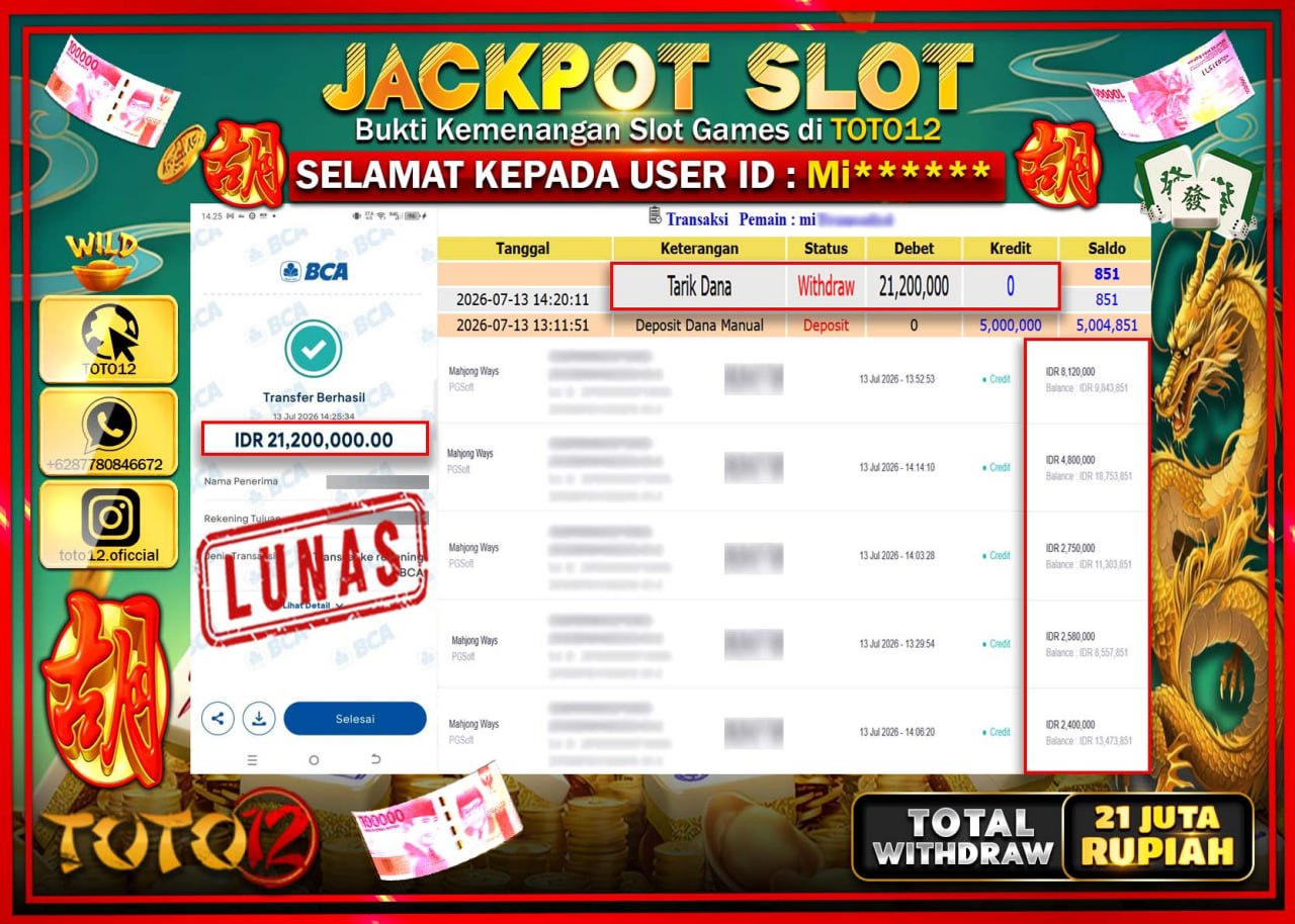 HANYA DI TOTO12 JP PASTI DI BAYAR LUNAS DAN CEPAT!!!!!! JACKPOT SLOT GAME (MAHJONG WAYS) Rp21.200.000!!!!