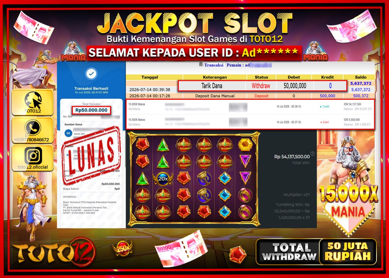 HANYA DI TOTO12 JP PASTI DI BAYAR LUNAS DAN CEPAT!!!!!! JACKPOT SLOT GAME (15.000 X MANIA) Rp50.000.000!!!!