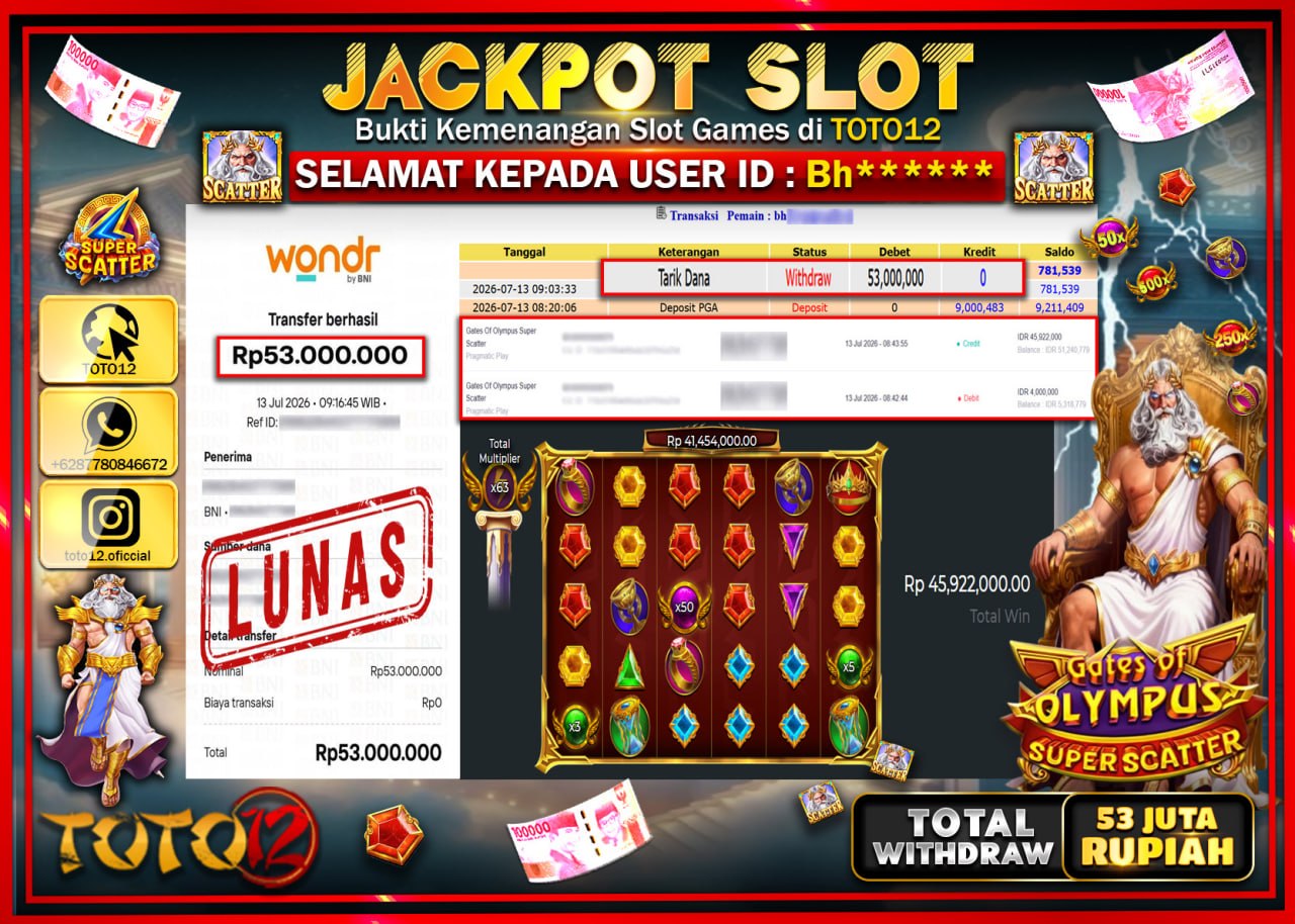 HANYA DI TOTO12 JP PASTI DI BAYAR LUNAS DAN CEPAT!!!!!! JACKPOT SLOT GAME (GATES OF OLYMPUS SUPER SCATTER) Rp53.000.000!!!!