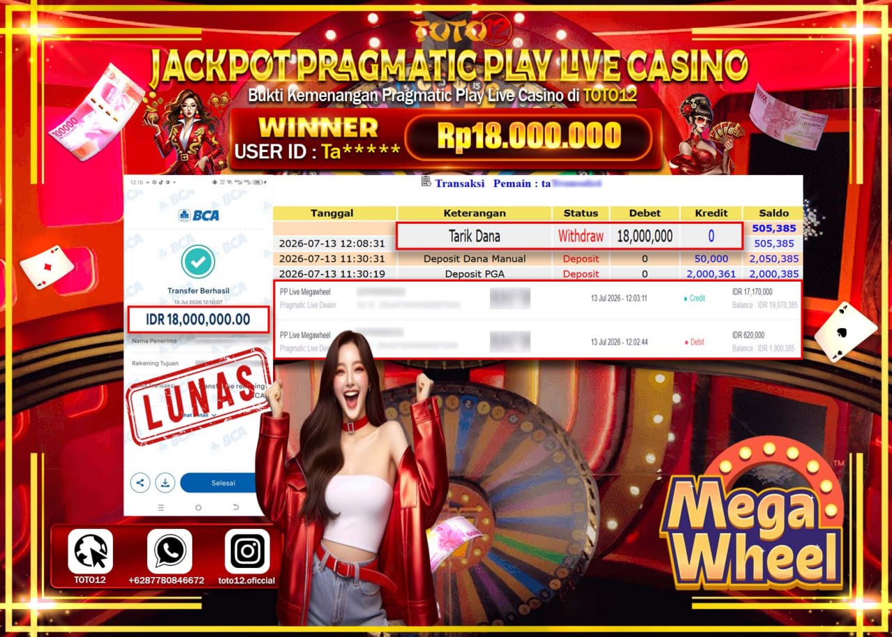 HANYA DI TOTO12 JP PASTI DI BAYAR LUNAS DAN CEPAT!!!!!! JACKPOT PRAGMATIC PLAY LIVE GAME CASINO (PP LIVE MEGAWHEEL) Rp18.000.000!!!!