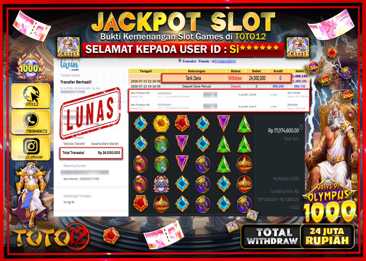 HANYA DI TOTO12 JP PASTI DI BAYAR LUNAS DAN CEPAT!!!!!! JACKPOT SLOT GAME (GATES OF OLYMPUS 1000) Rp24.000.000!!!!