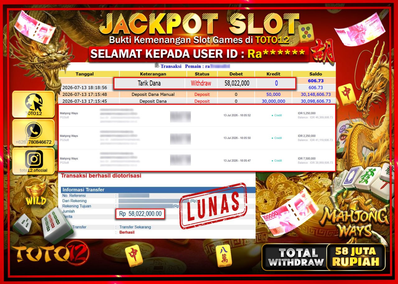 HANYA DI TOTO12 JP PASTI DI BAYAR LUNAS DAN CEPAT!!!!!! JACKPOT SLOT GAME (MAHJONG WAYS) Rp58.022.000!!!!