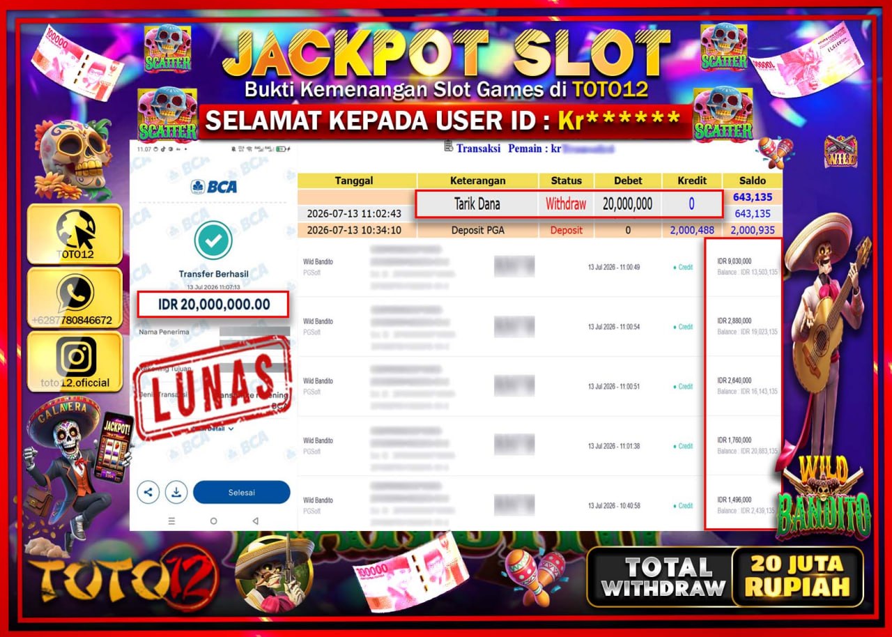 HANYA DI TOTO12 JP PASTI DI BAYAR LUNAS DAN CEPAT!!!!!! JACKPOT SLOT GAME (WILD BANDITO) Rp20.000.000!!!!