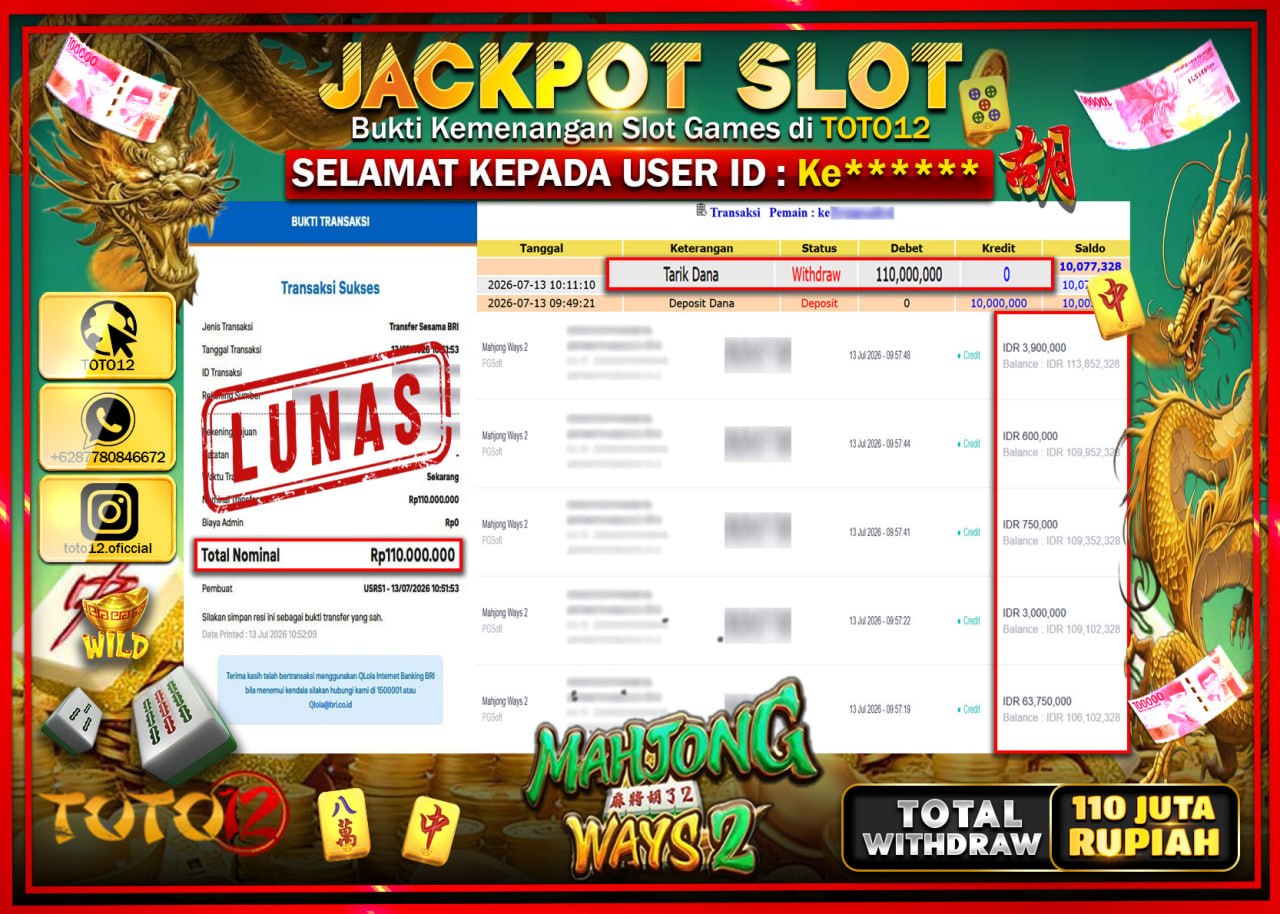 HANYA DI TOTO12 JP PASTI DI BAYAR LUNAS DAN CEPAT!!!!!! JACKPOT SLOT GAME (MAHJONG WAYS 2) Rp110.000.000!!!!