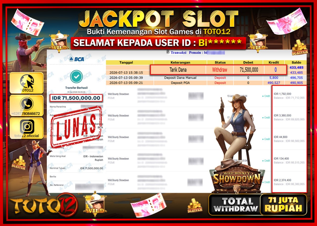 HANYA DI TOTO12 JP PASTI DI BAYAR LUNAS DAN CEPAT!!!!!! JACKPOT SLOT GAME (WILD BOUNTY SHOWDOWN) Rp71.500.000!!!!