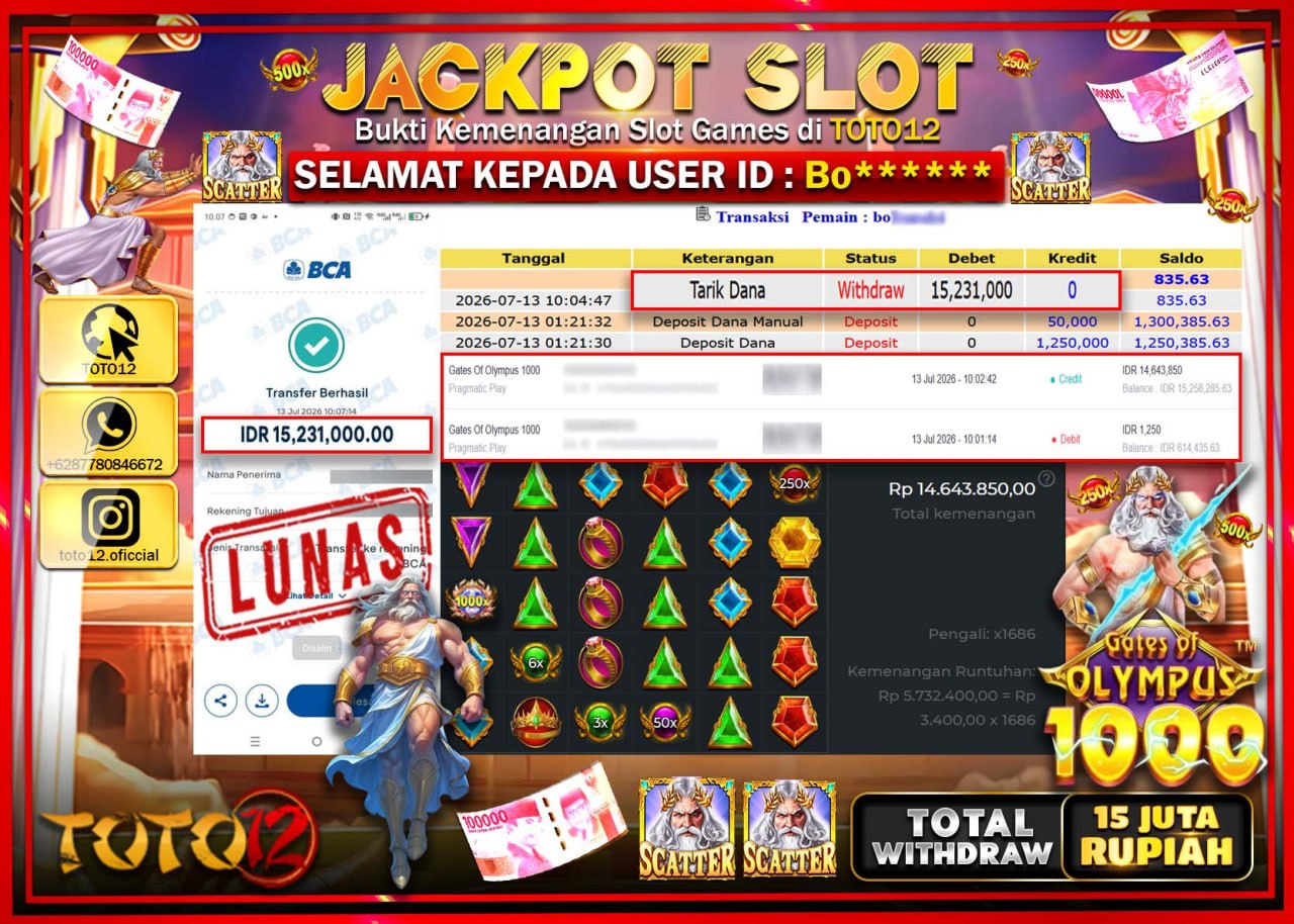 HANYA DI TOTO12 JP PASTI DI BAYAR LUNAS DAN CEPAT!!!!!! JACKPOT SLOT GAME (GATES OF OLYMPUS 1000) Rp15.231.000!!!!