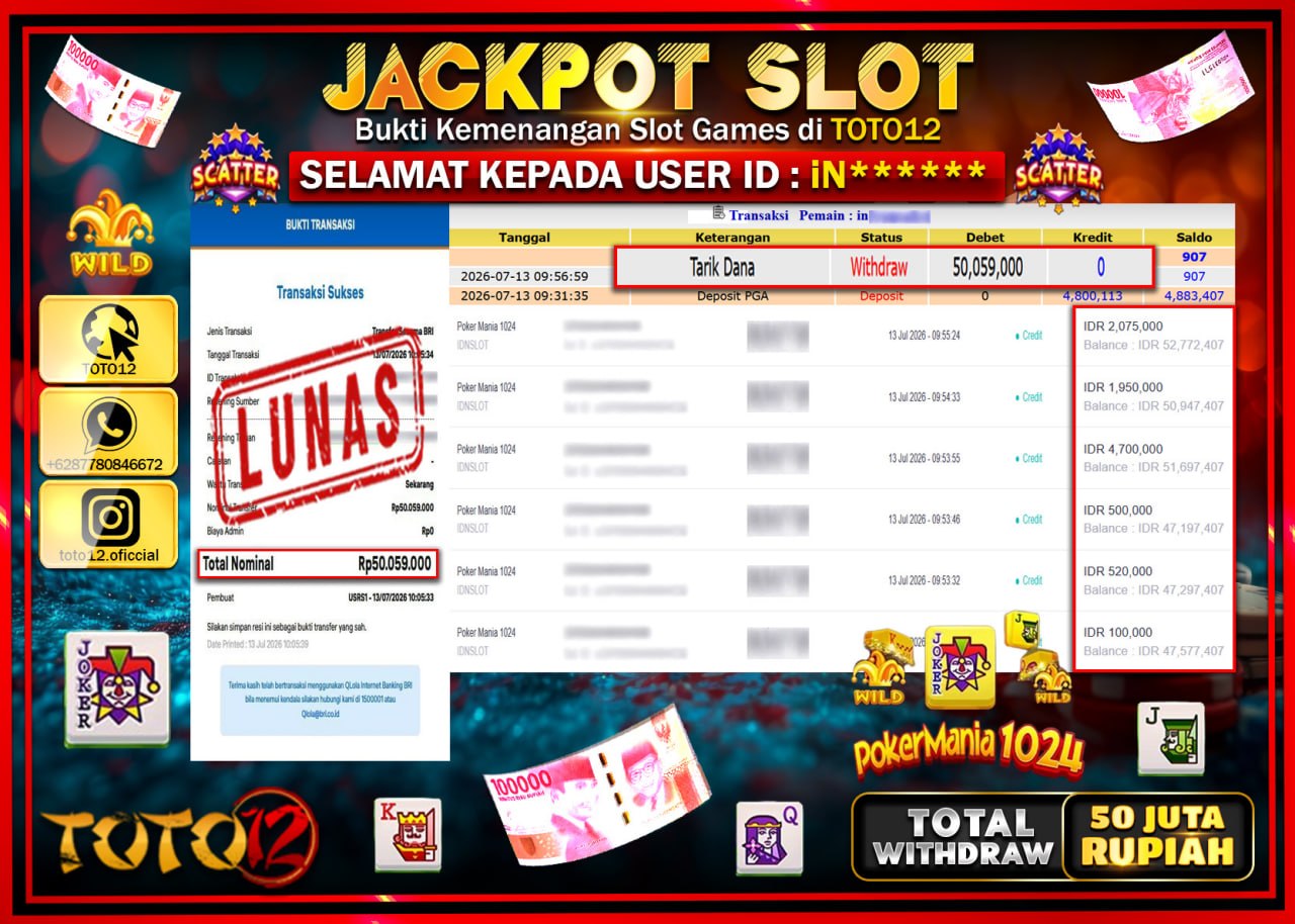 HANYA DI TOTO12 JP PASTI DI BAYAR LUNAS DAN CEPAT!!!!!! JACKPOT SLOT GAME (POKER MANIA 1024) Rp50.059.000!!!!