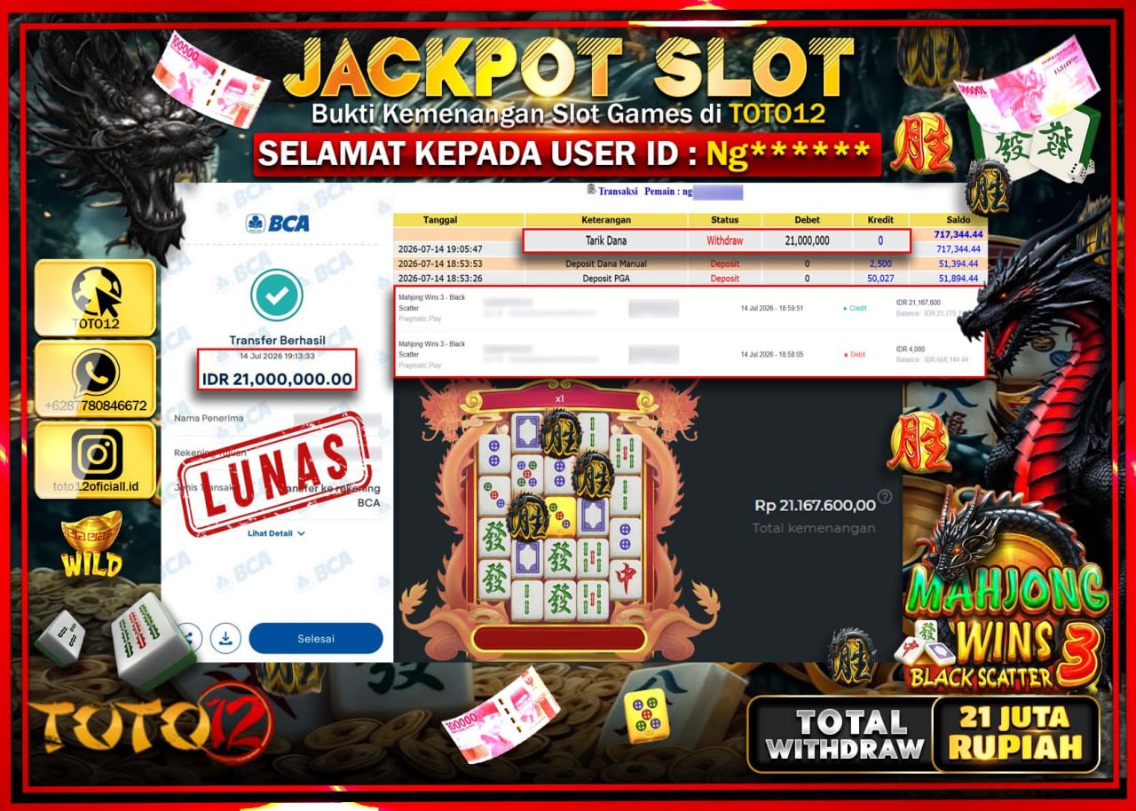 HANYA DI TOTO12 JP PASTI DI BAYAR LUNAS DAN CEPAT!!!!!! JACKPOT SLOT GAME (MAHJONG WINS 3 BLACK SCATTER) Rp21.000.000!!!!