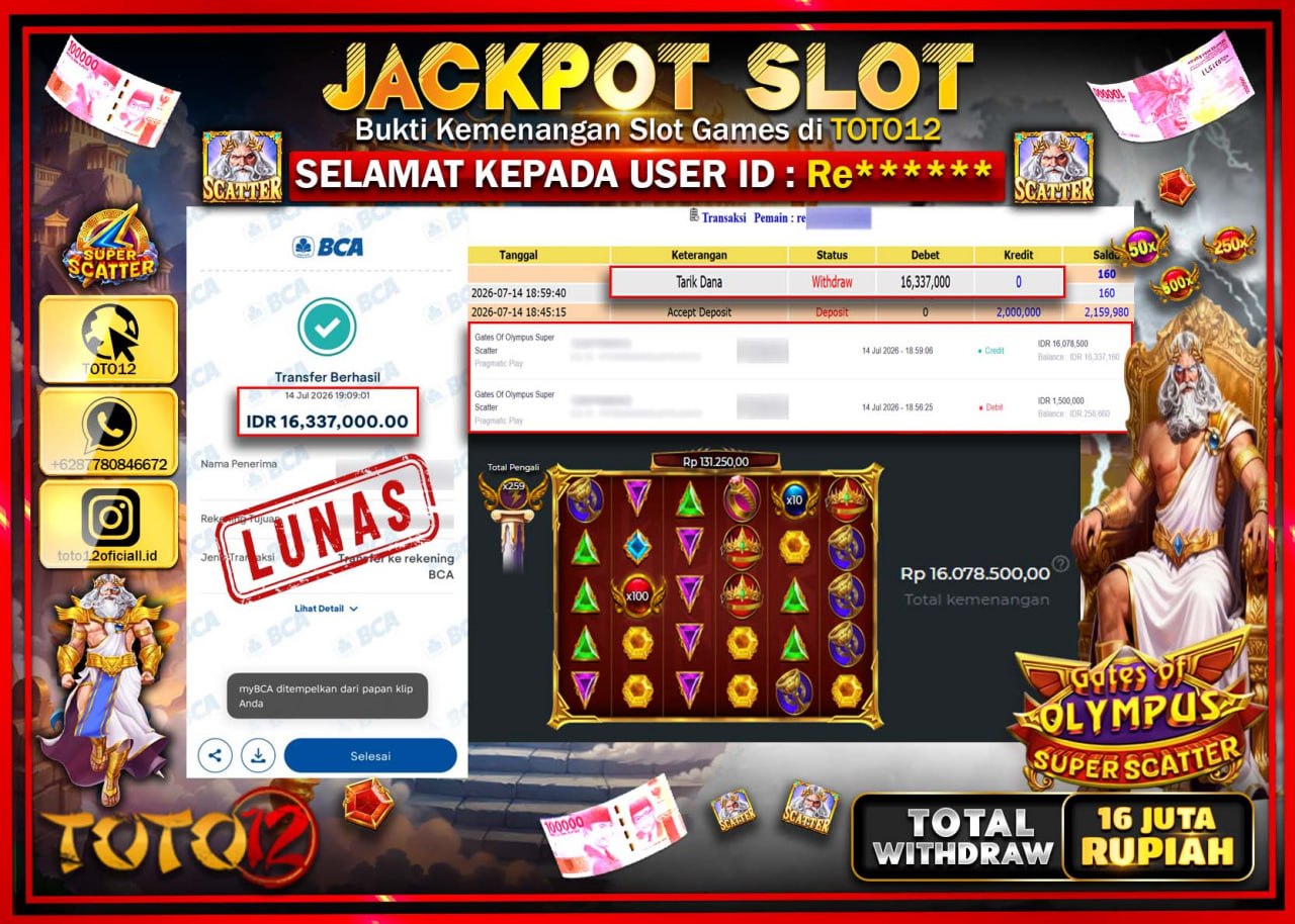 HANYA DI TOTO12 JP PASTI DI BAYAR LUNAS DAN CEPAT!!!!!! JACKPOT SLOT GAME (GATES OF OLYMPUS SUPER SCATTER) Rp16.337.000!!!!