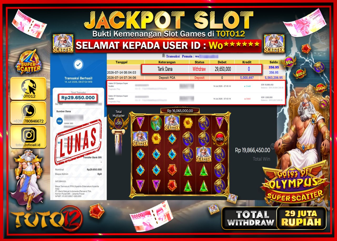 HANYA DI TOTO12 JP PASTI DI BAYAR LUNAS DAN CEPAT!!!!!! JACKPOT SLOT GAME (GATES OF OLYMPUS SUPER SCATTER) Rp29.650.000!!!!